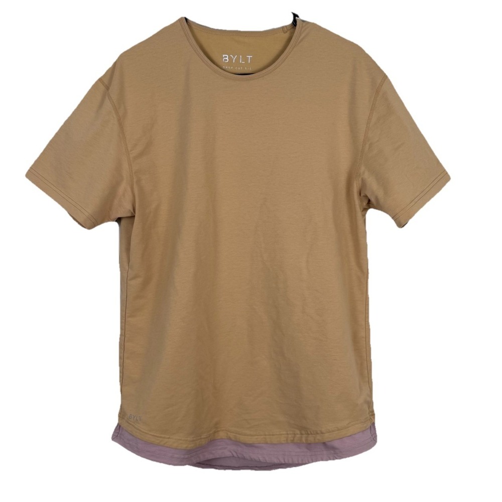 BYLT Basics Drop Cut Lux‎ Shirt Dual Layer Tan Short Sleeve Men Large